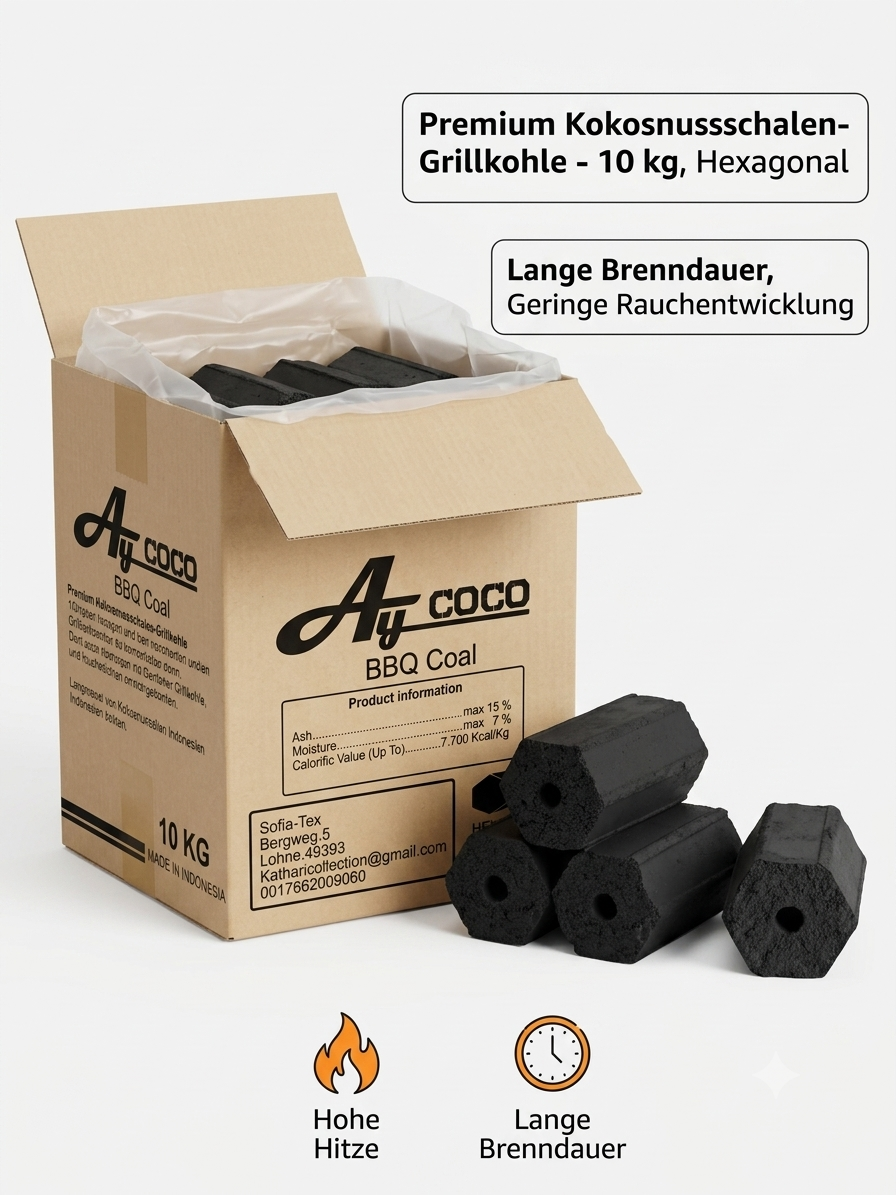 Ay Coco BBQ Kohle Briketts 10kg - Kokosnuss auch für Gastronomie und Restaurant